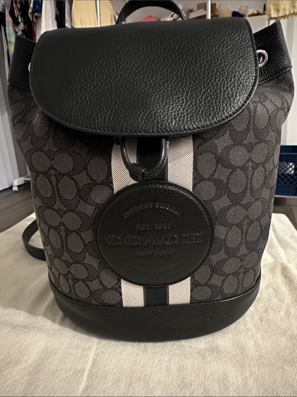 Coach Black Signature Canvas Backpack with White & Black Center Stripe